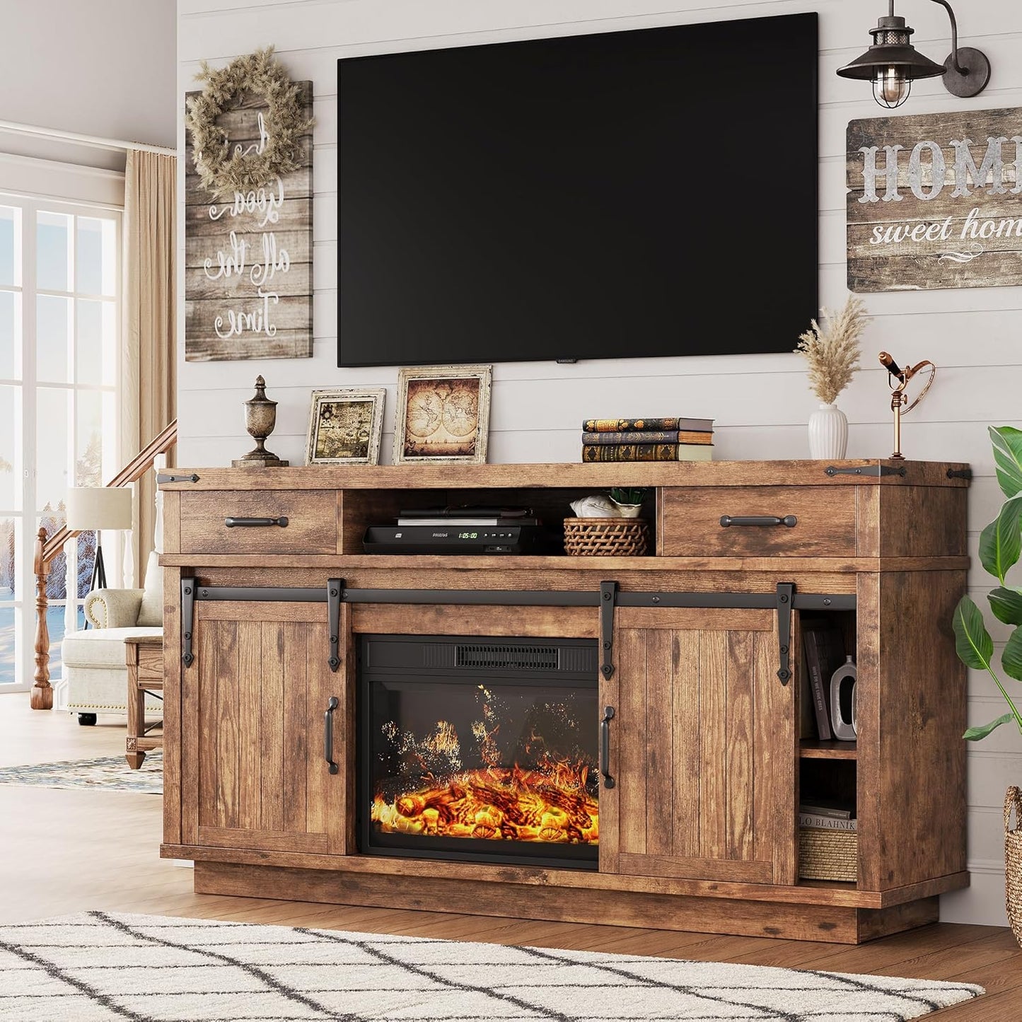 59'' Fireplace TV Stand with 3D Flame Electric Fireplace Heater, 34'' Tall Farmhouse TV Stand for 65 Inch TV, Entertainment Center TV Console with 2 Drawers, Sliding Barn Door for Living Room - Brown