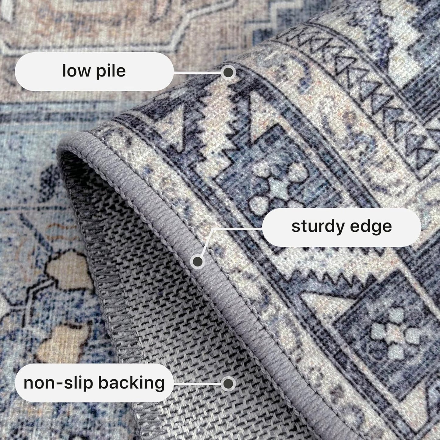 GENIMO 5x7 Area Rugs for Living Room, Machine Washable Non Slip Vintage Rugs, Low Pile Lightweight Chenille Print Rug for Bedroom, Dining Room, Home Office, Brown Blue