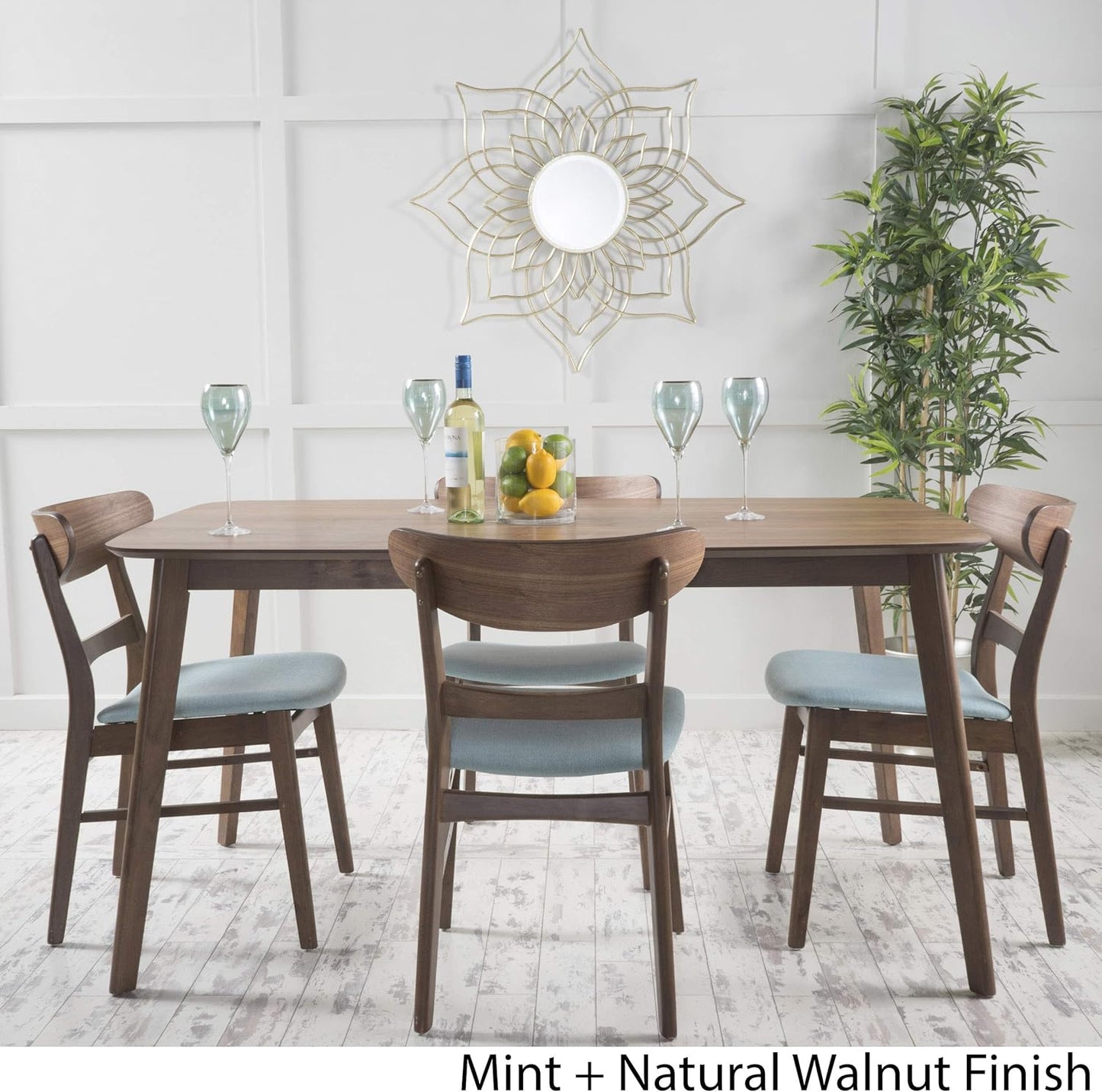 Christopher Knight Home Idalia 60" Rectangular Dining Set, 5-Pcs Set, Natural Walnut / Mint