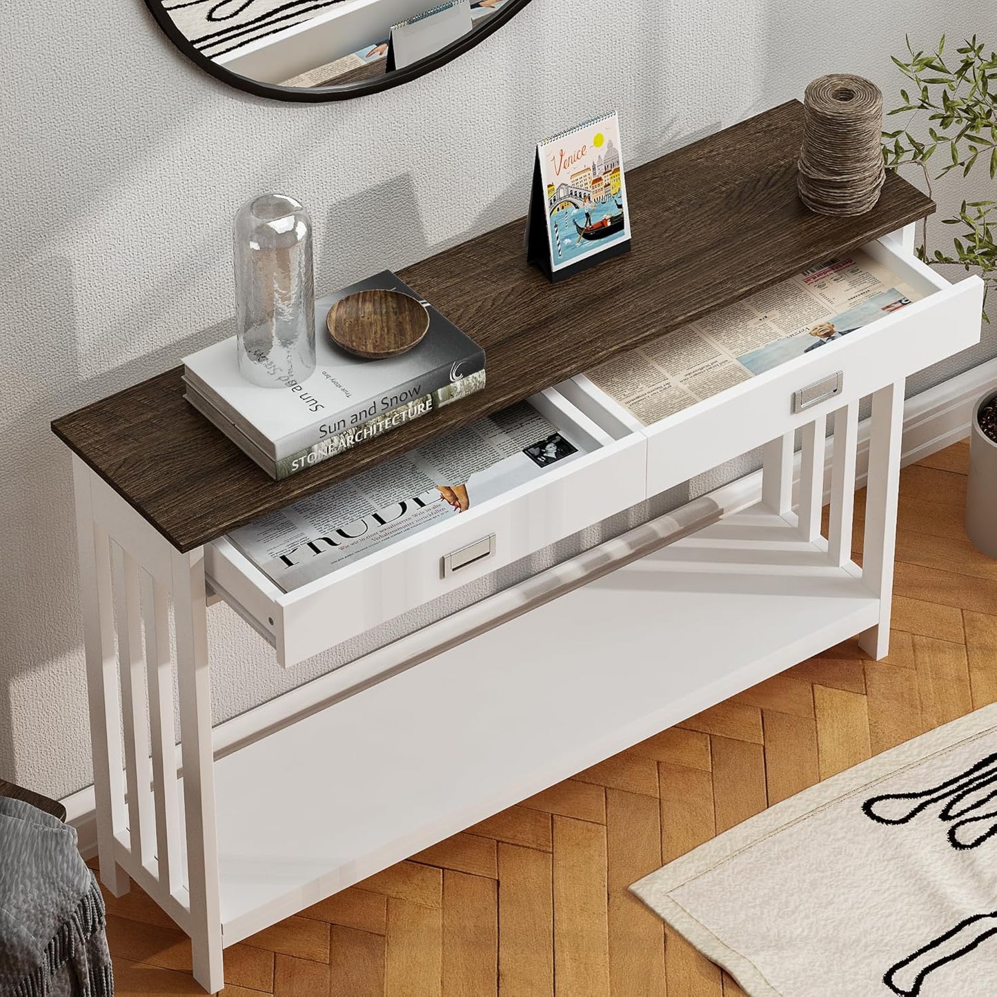 ChooChoo Farmhouse Long Entryway Table with Drawer, Mission Narrow Console Sofa Table with Storage, for Entryway,Living Room and Hallway, 47 Soft White and Brown