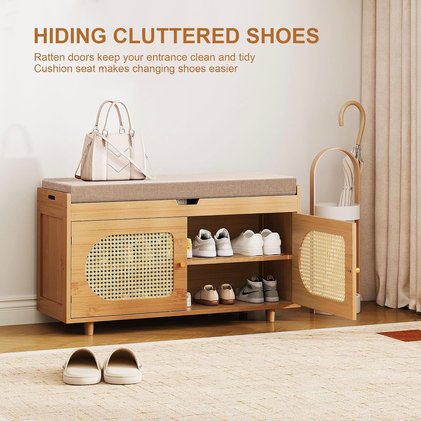 Rattan Shoe Storage Bench,Bamboo Entryway Bench, 2-Tier Shoe Rack,35.4" W x 12.6" D x 19.7" H with 2 Doors & Padded Seat Cushion for Entryway, Living Room, Bedroom, Natural