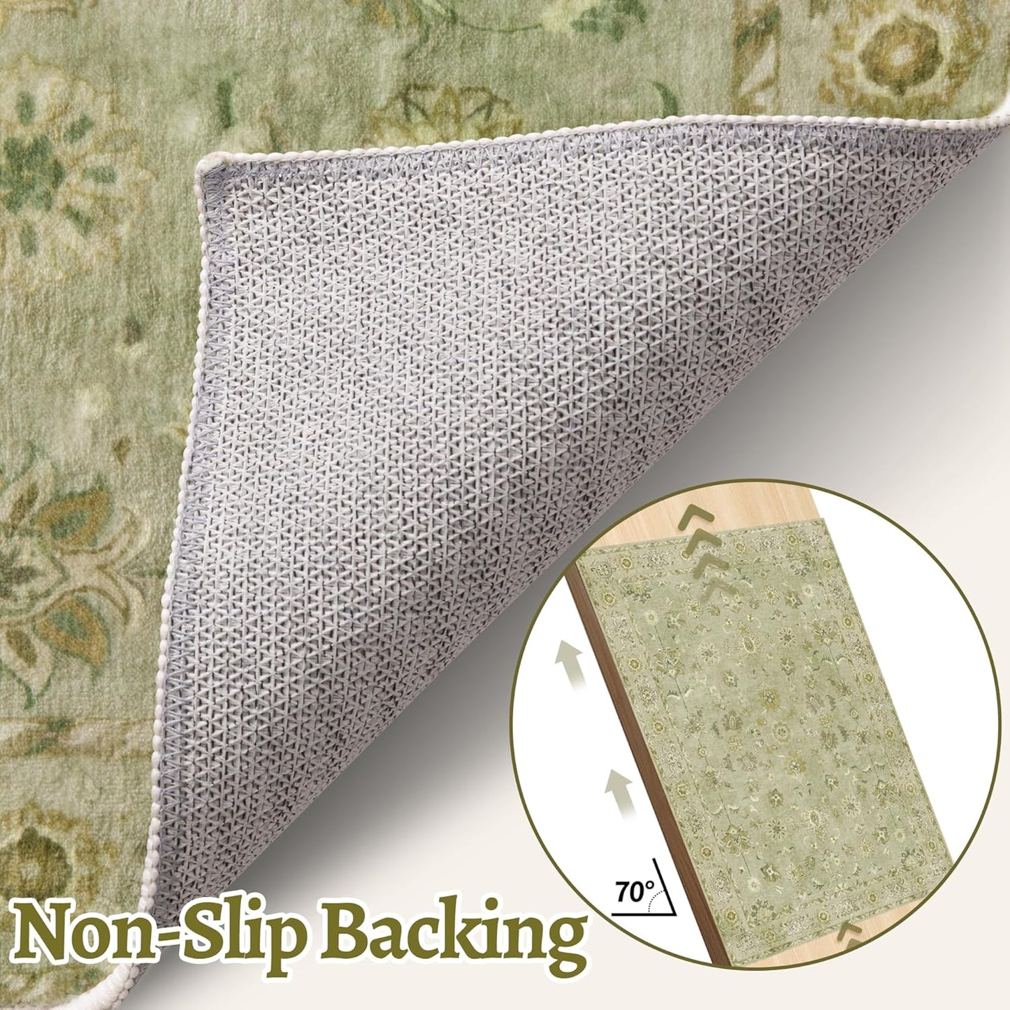 Tangsoo 2.6x8 Washable Runner Rug for Hallways, Floral Vintage Runner Non Slip, Soft Low Pile Long Rugs, Print Distressed Green Carpet Runners for Kitchen Bedroom Entryway Living Room