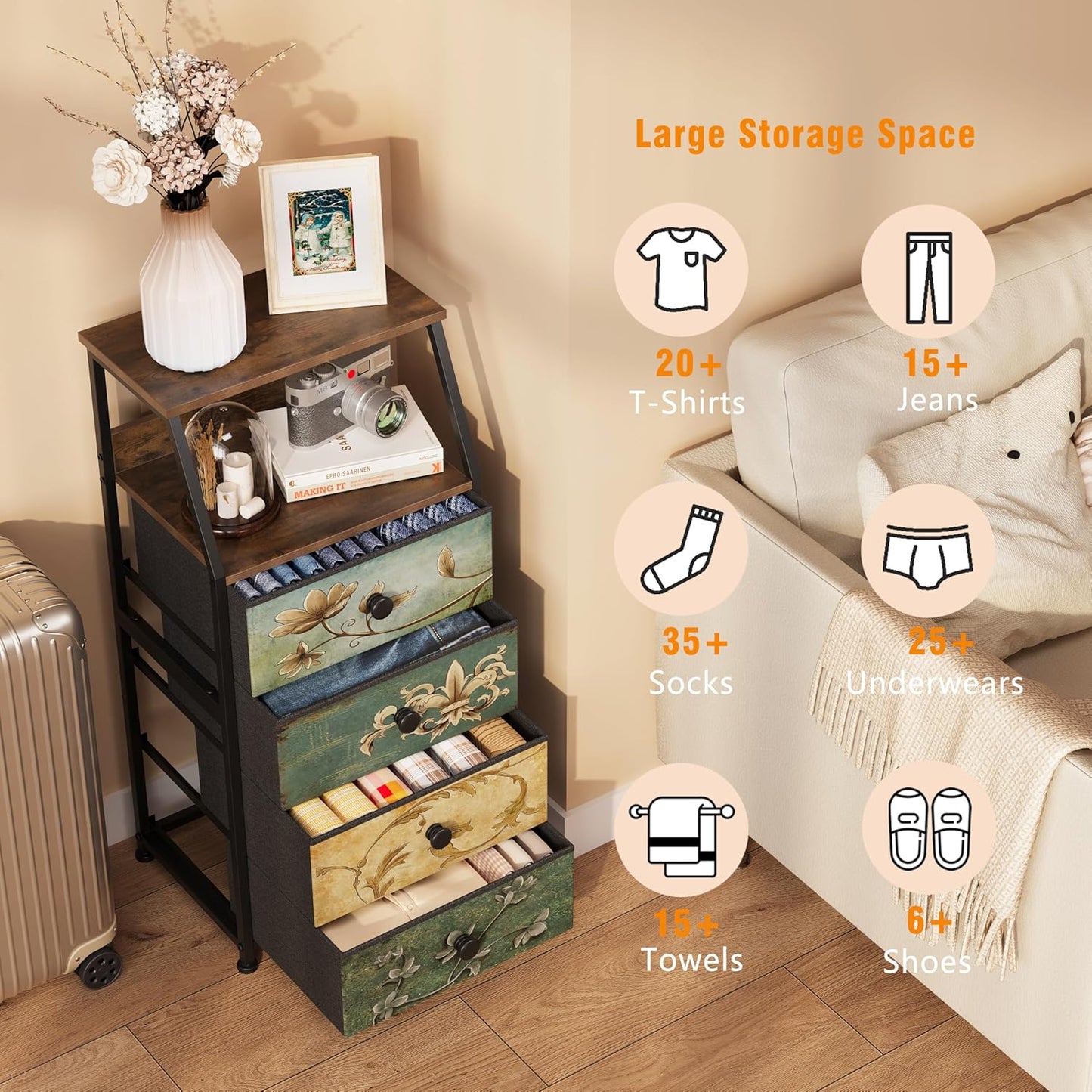 Tohomeor Dresser with Fabric Drawers Nightstand with 2 Tier Shelf Storage Tower for Bedroom Hallway Entryway Closet Organizer Sofa Beside Table Furniture (Multi, 4 Drawers)