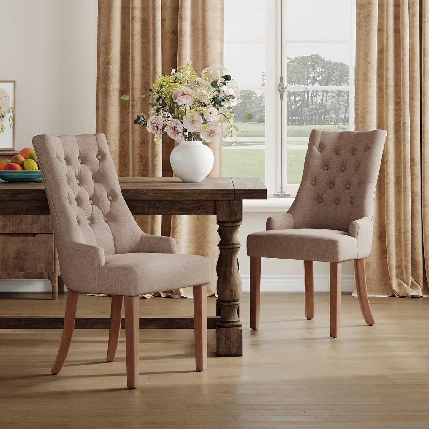 COLAMY Wingback Upholstered Dining Chairs Set of 2, Fabric Side Dining Room Chairs with Tufted Button, Living Room Chairs for Home Kitchen, Taupe