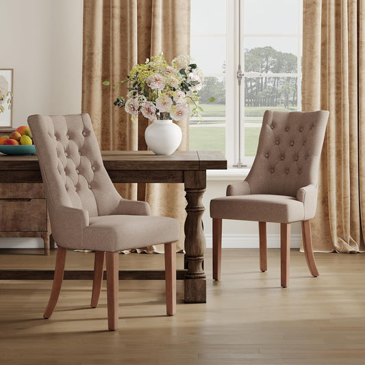 COLAMY Wingback Upholstered Dining Chairs Set of 2, Fabric Side Dining Room Chairs with Tufted Button, Living Room Chairs for Home Kitchen, Taupe