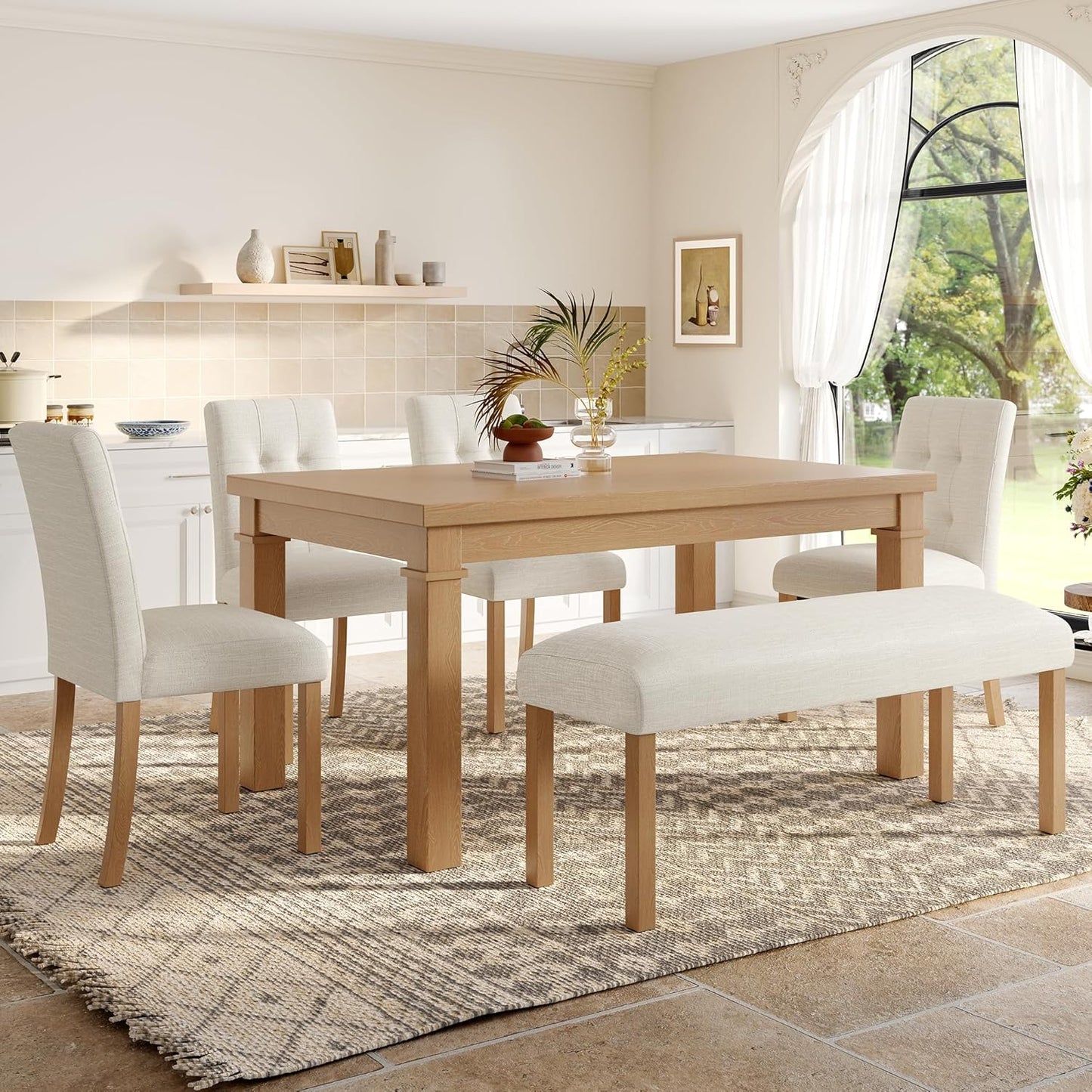 Ball & Cast Dining Table Set for 6 W/Bench & 4 Upholstered Chairs,6 Piece Dining Set W/ 60" Rectangle Kitchen Table & Anti-Scratch Pads,Table and Chairs Set for Living Room,Dining Room,Natural