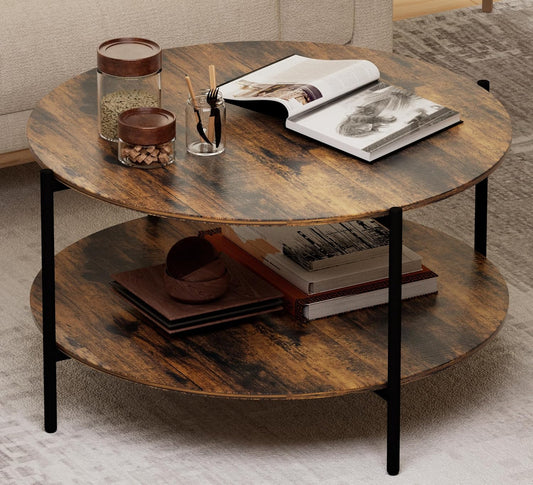 Round Coffee Table, 2-Tier 32.9" Circle Coffee Tables with Storage Wood Rustic Farmhouse Center Circular Coffee Table for Living Room Bedroom Balcony Office - Walnut