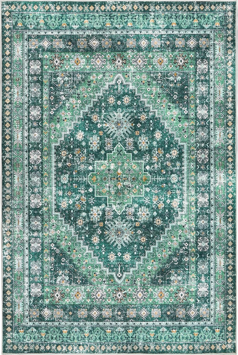 zesthome 8x10 Area Rugs for Living Room,Non-Slip Backing Washable Rugs,Vintage Large Area Rug，Stain Resistant Home Decor Rug(Green/Teal,8'x10')