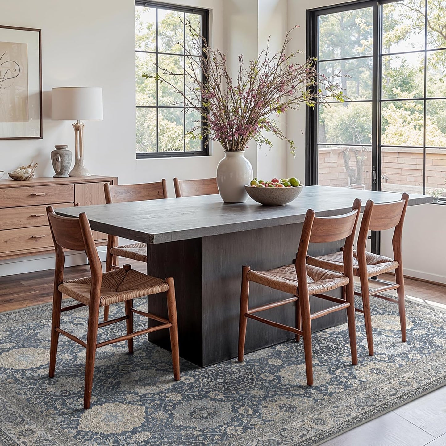 8X10 Area Rugs Machine Washable Rugs for Living Room, Vintage Boho Large Rugs for Bedroom Dining Room, Non Slip Indoor Soft Distressed Lightweight Thin Low Pile Carpet, Slate Blue