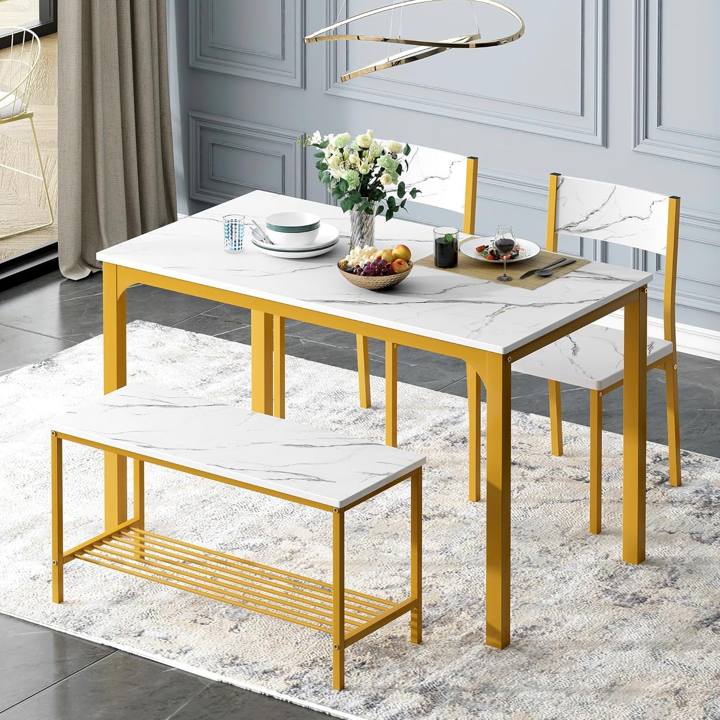 soges 4-Piece Dining Table Set with Bench - 4 Person Kitchen Table and 2 Chairs for Small Spaces, Apartment - Metal Frame & Woodgrain Tabletop, Space-Saving Design, Durable & Easy to Clean, Gold