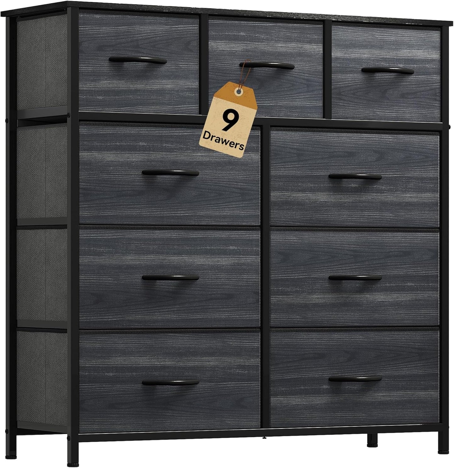 DWVO Dresser with 9 Drawers - Fabric Storage Tower, Organizer Unit for Living Room, Hallway - Sturdy Steel Frame, Wooden Top & Easy Pull Fabric Bins