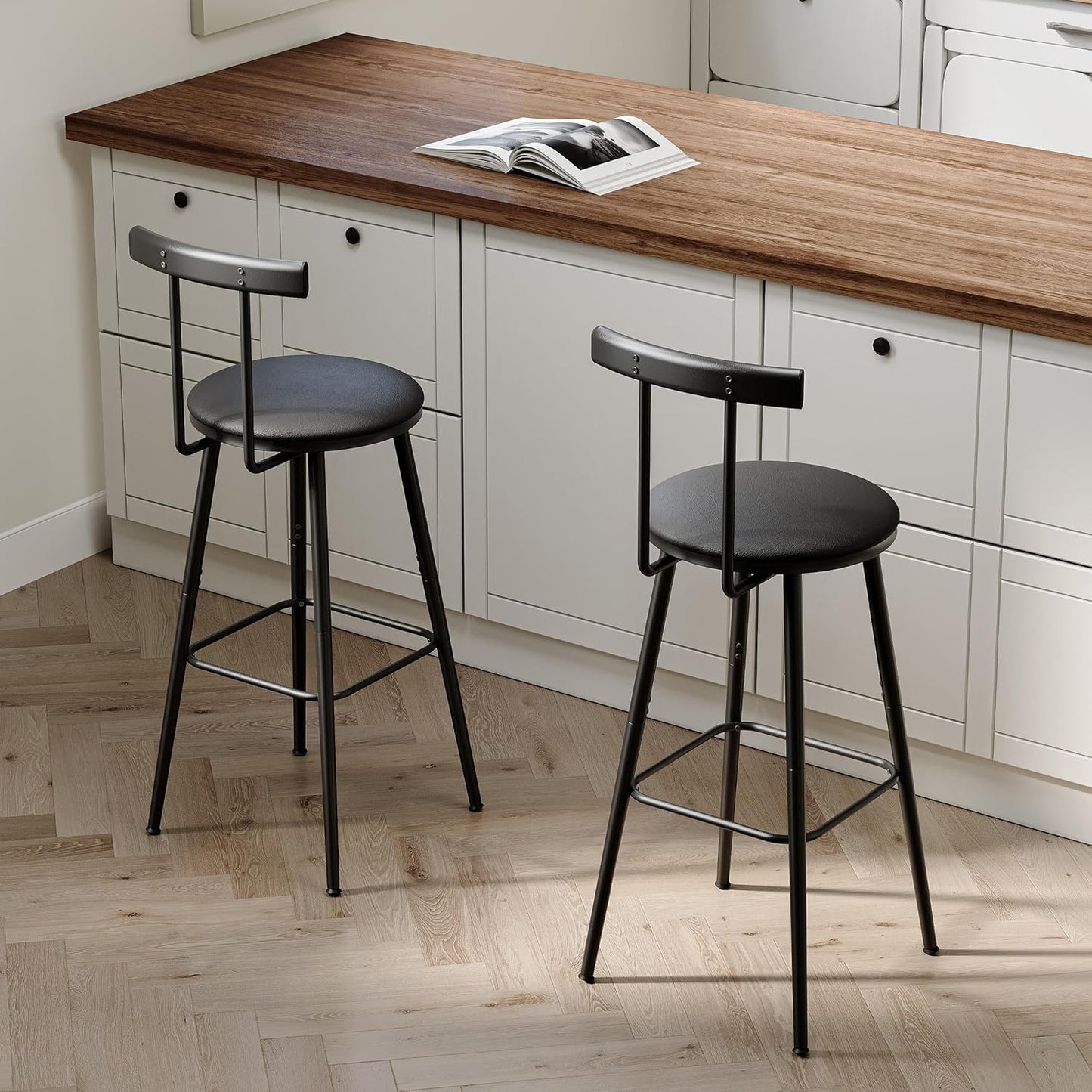 Bar Stools, Set of 2 High Kitchen Barstools, Bar Chairs with Backrest and Footrest, Industrial Counter Stools with PU Soft seat, for Kitchen, Living Room, Pub, Black BS-013BK