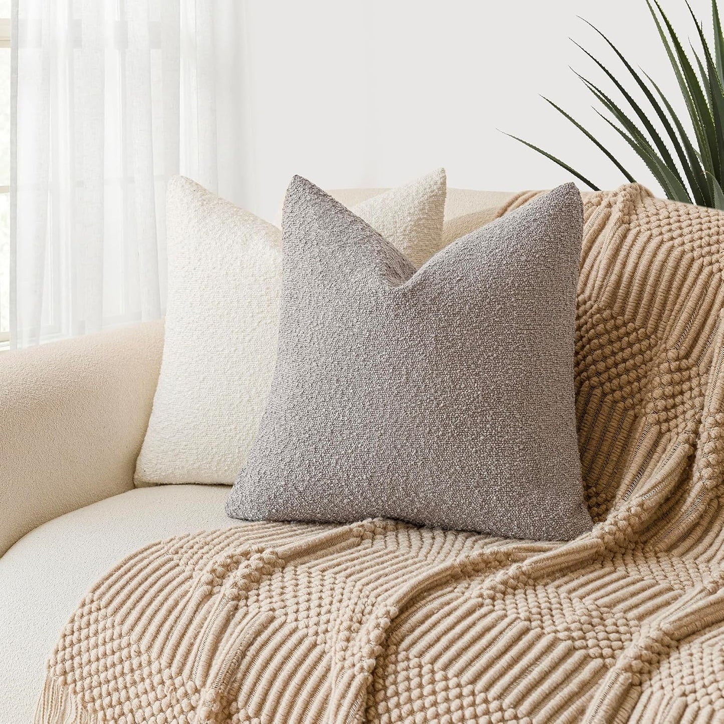 Foindtower Set of 2, Decorative Textured Boucle Throw Pillow Covers Accent Solid Pillow Cases Soft Cozy Couch Cushion Case for Chair Sofa Bedroom Living Room Home Decor 26 x 26 Inch Neutral Grey