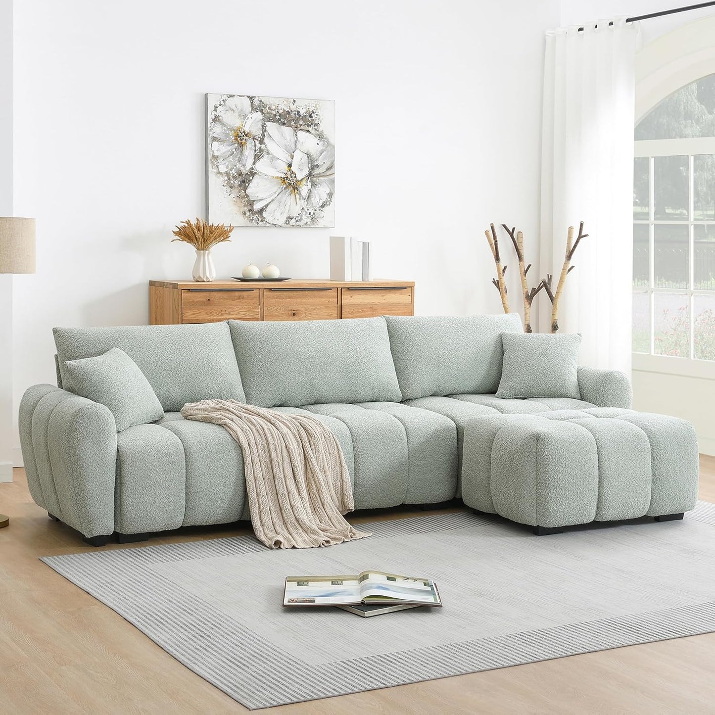 Ball & Cast Modular Sectional Sofa W/Movable Ottoman and 2 Lumbar Pillows,4 Seater L Shaped Couch W/Deep Seat&Pull-line Design,Boucle Fabric Upholstered Sofa for Living Room,Apartment,Light Green,110"