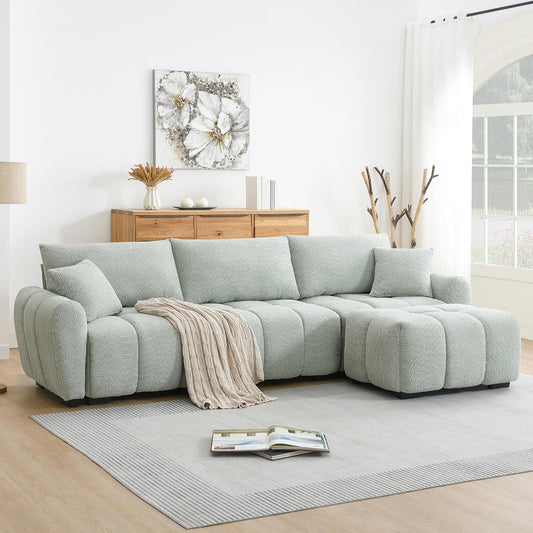 Ball & Cast Modular Sectional Sofa W/Movable Ottoman and 2 Lumbar Pillows,4 Seater L Shaped Couch W/Deep Seat&Pull-line Design,Boucle Fabric Upholstered Sofa for Living Room,Apartment,Light Green,110"