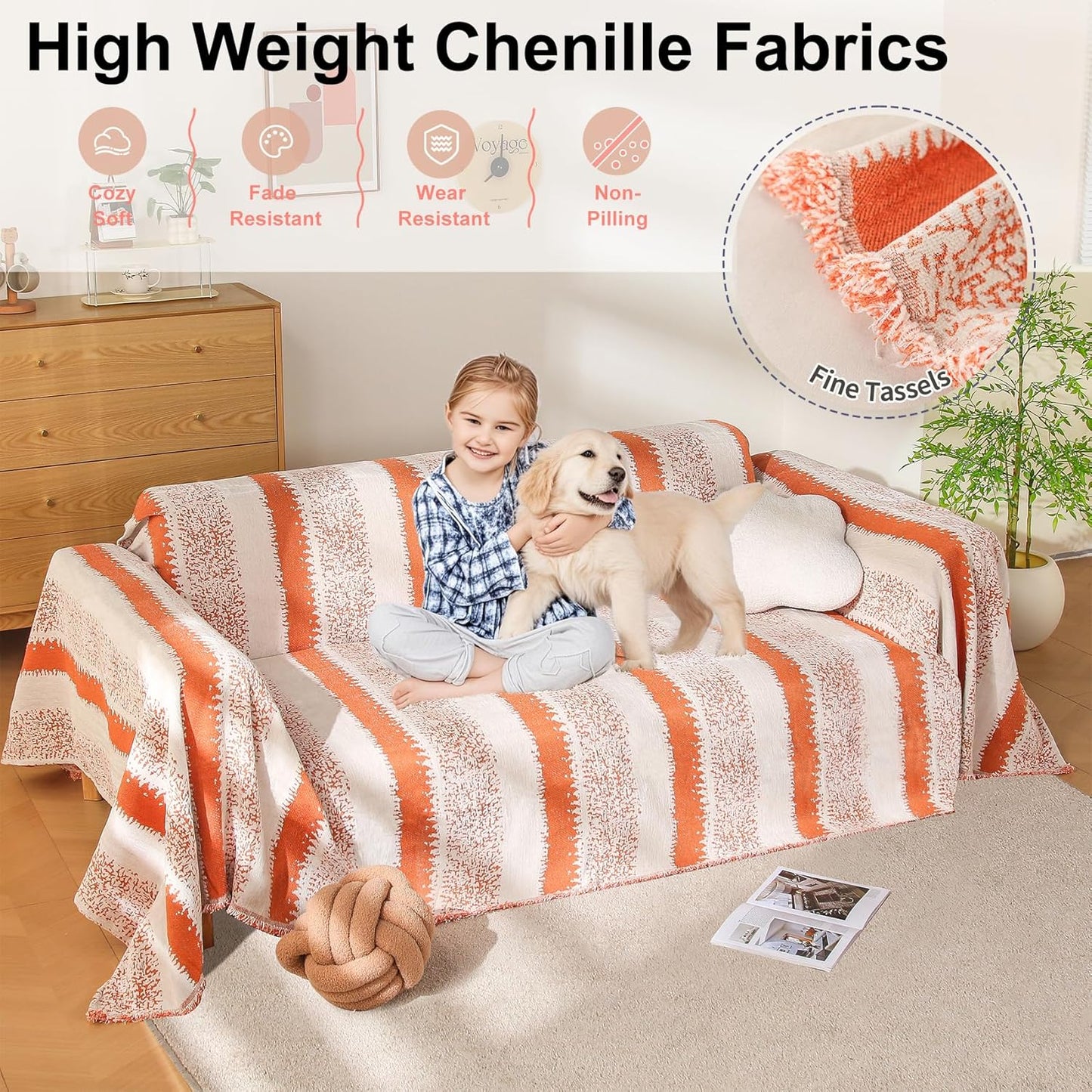 Boho Sofa Cover, Couch Covers for 3 Cushion Couch Sofa Pet Friendly, Sofa Cover Washable, Soft Chenille Living Room Couch Covers Slipcover, Pet Furniture Protecto (1# Orange, 71" x 150")