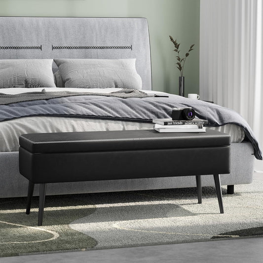 GarveeHome Storage Ottoman Bench, Mid-Century Modern Entryway Bedroom Bench, Synthetic Leather with Stitching, Safety Hinges, Loads 680 Lb, Black