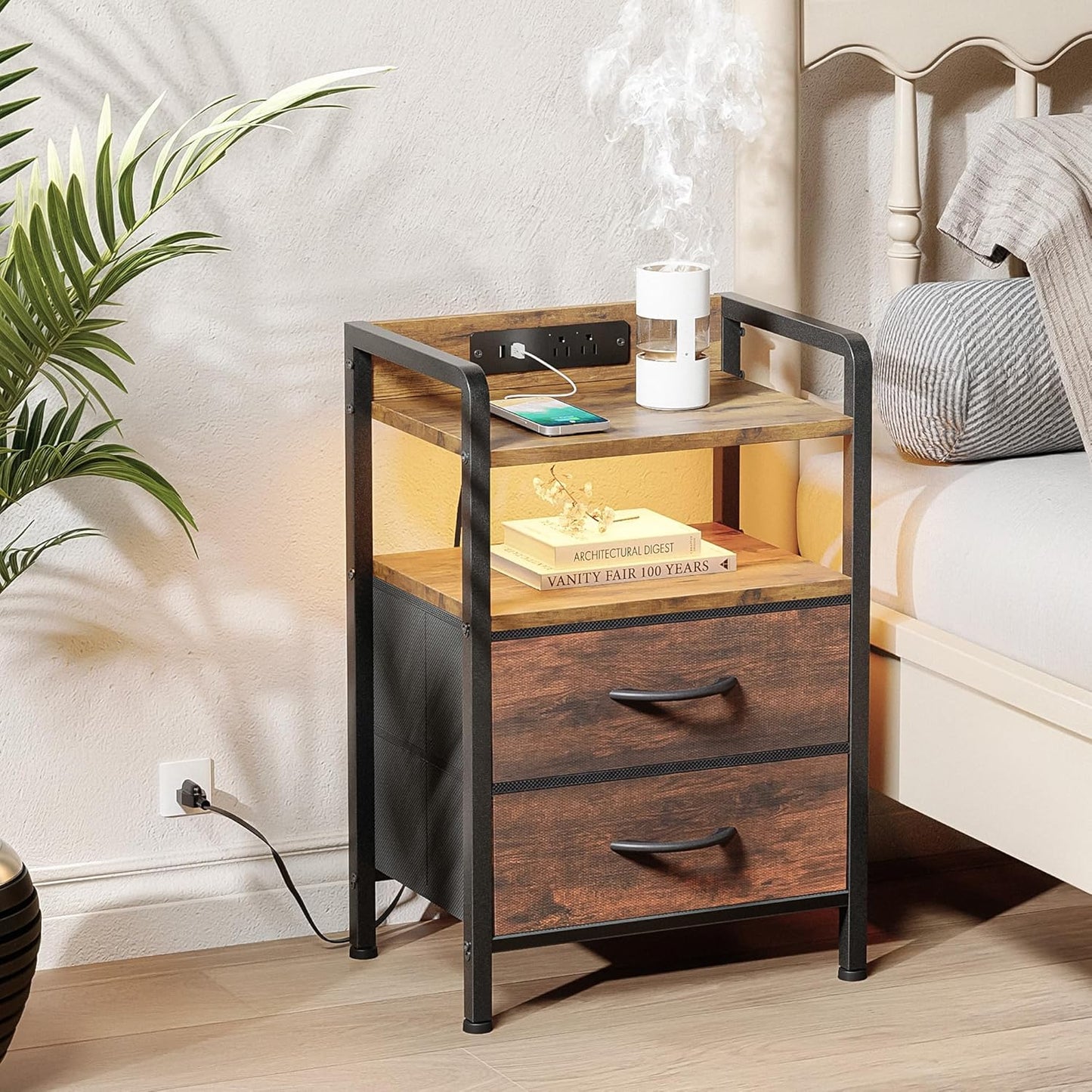 Night Stand Bedside Table Bedroom - Nightstand with Charging Station, Night Stand with LED Light Strip, End Table with U-S-B Ports & AC Outlets, Storage Shelf & 2 Fabric Drawers, Rustic Brown