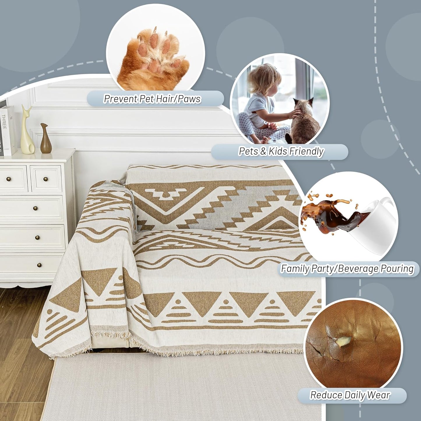 MYSKY HOME Couch Cover for Sectional Sofa Set for Dog Cat Pets Couch Cover 3 Seat Sofa Chenille Boho Geometric Furniture Sofa Cover Washable Couch Protector Multi-Use Couch Cover Blanket, 71" X134"