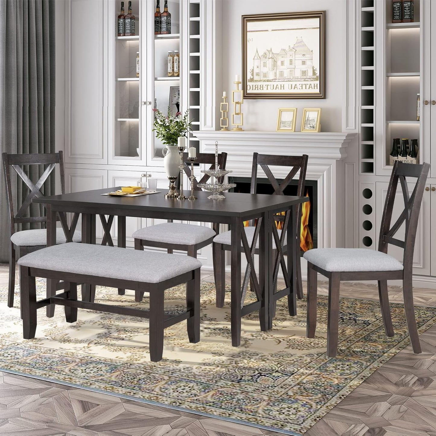 Ball & Cast 6-Piece Dining Table Set, 60" Wood Dining Kitchen Table & Chairs Set, Rectangular Dining Room Foldable Table with 4 Upholstered Chairs & 1 Bench,Perfect for Dining Room, Kitchen, Espresso