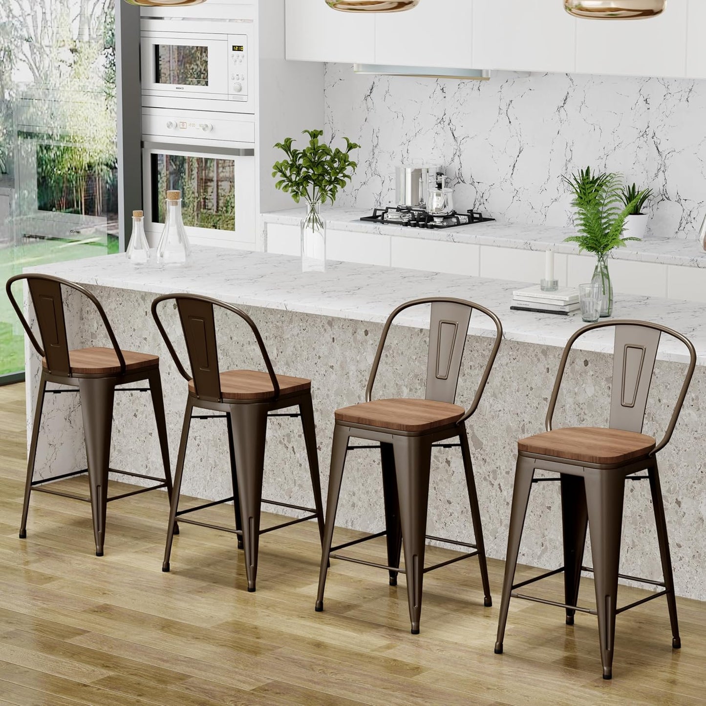Changjie Furniture 26 Inches Metal Barstools Set of 4 Counter Height Bar Stools Industrial Stools with Backs High Back Chairs for Kitchen Island (26 Inch, Rusty)