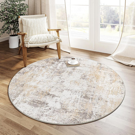3x3 Washable Round Rug Beige Grey Neutral Abstract Entryway Non Slip Low Pile Area Rug Living Room Bedroom Indoor Doormat Small Soft Carpet for Entrance Bathroom Kitchen