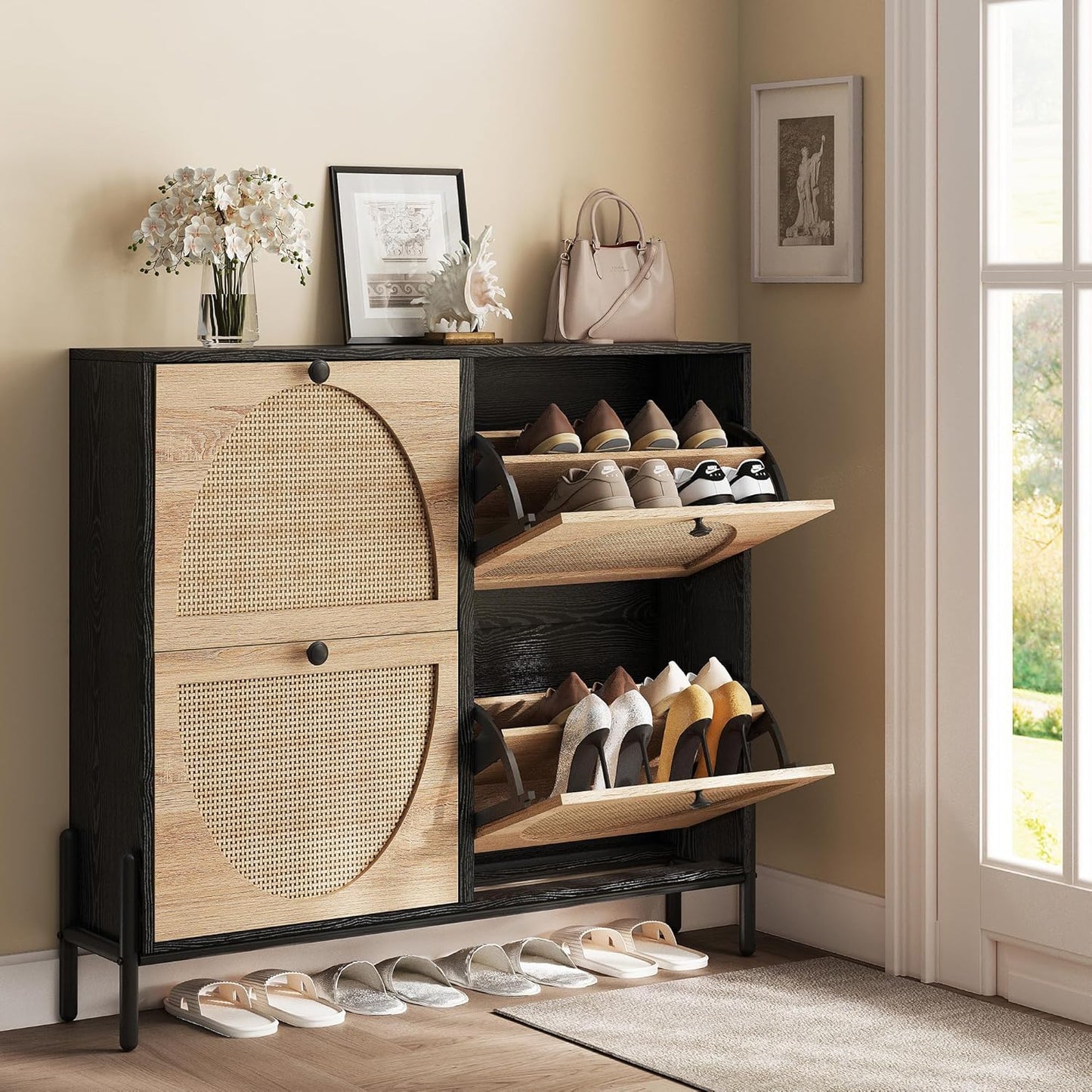 IRONCK Rattan Shoe Cabinet Storage with 4 Flip Drawers, Freestanding Shoe Storage Organizer Cabinet for Entryway, Narrow Shoe Rack Cabinet, Black