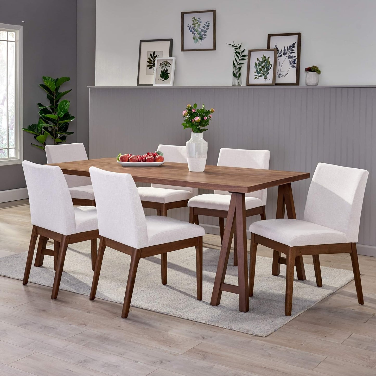 Christopher Knight Home Benson Mid-Century Modern 7 Piece Dining Set, Light Beige and Walnut