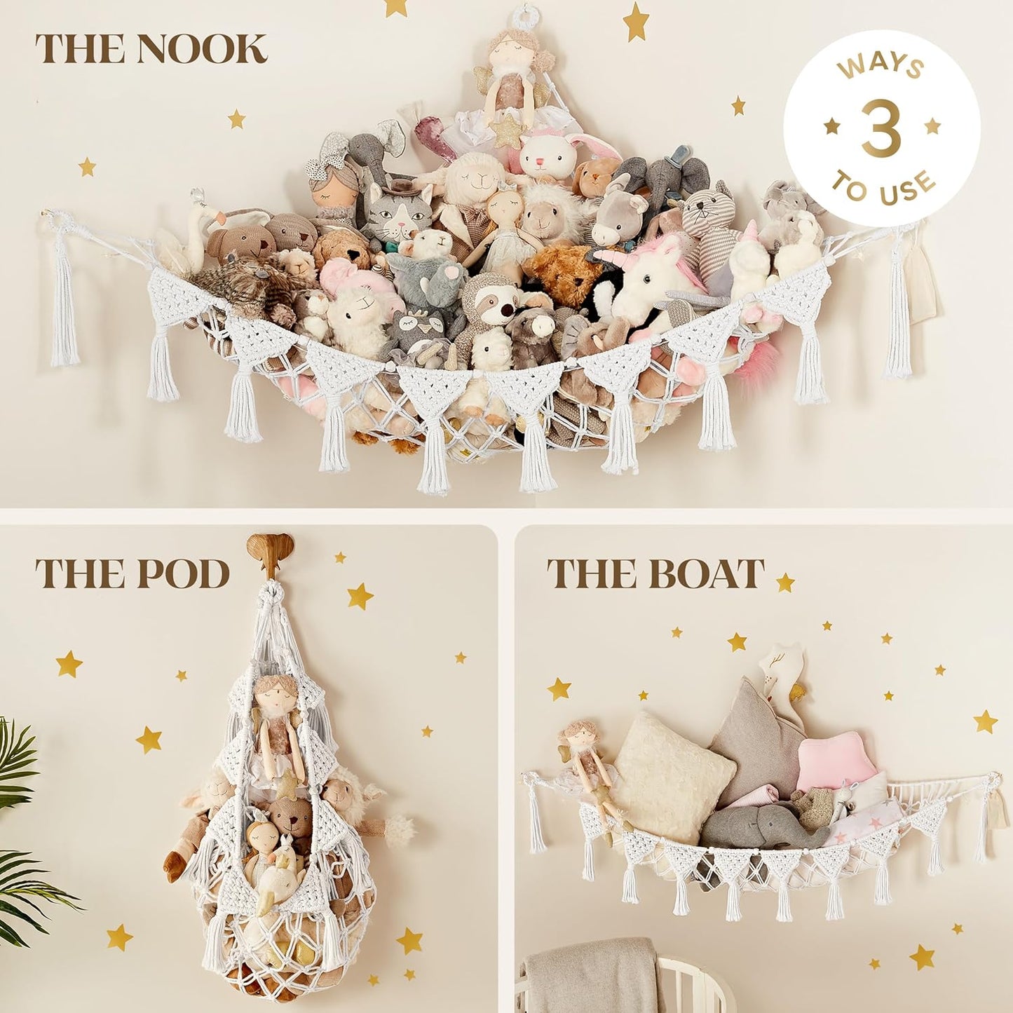 Snow White Macrame DreamLights Boho Stuffed Animal Storage Net (Extra Large) and Hammock for Small Plushies - Pure Cotton