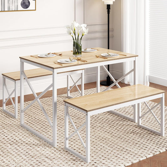 VECELO Kitchen Table with 2 Benches for 4, 43.3'' Wood Dining Room Dinette Sets with Metal Frame for Breakfast Nook and Small Space, Oak