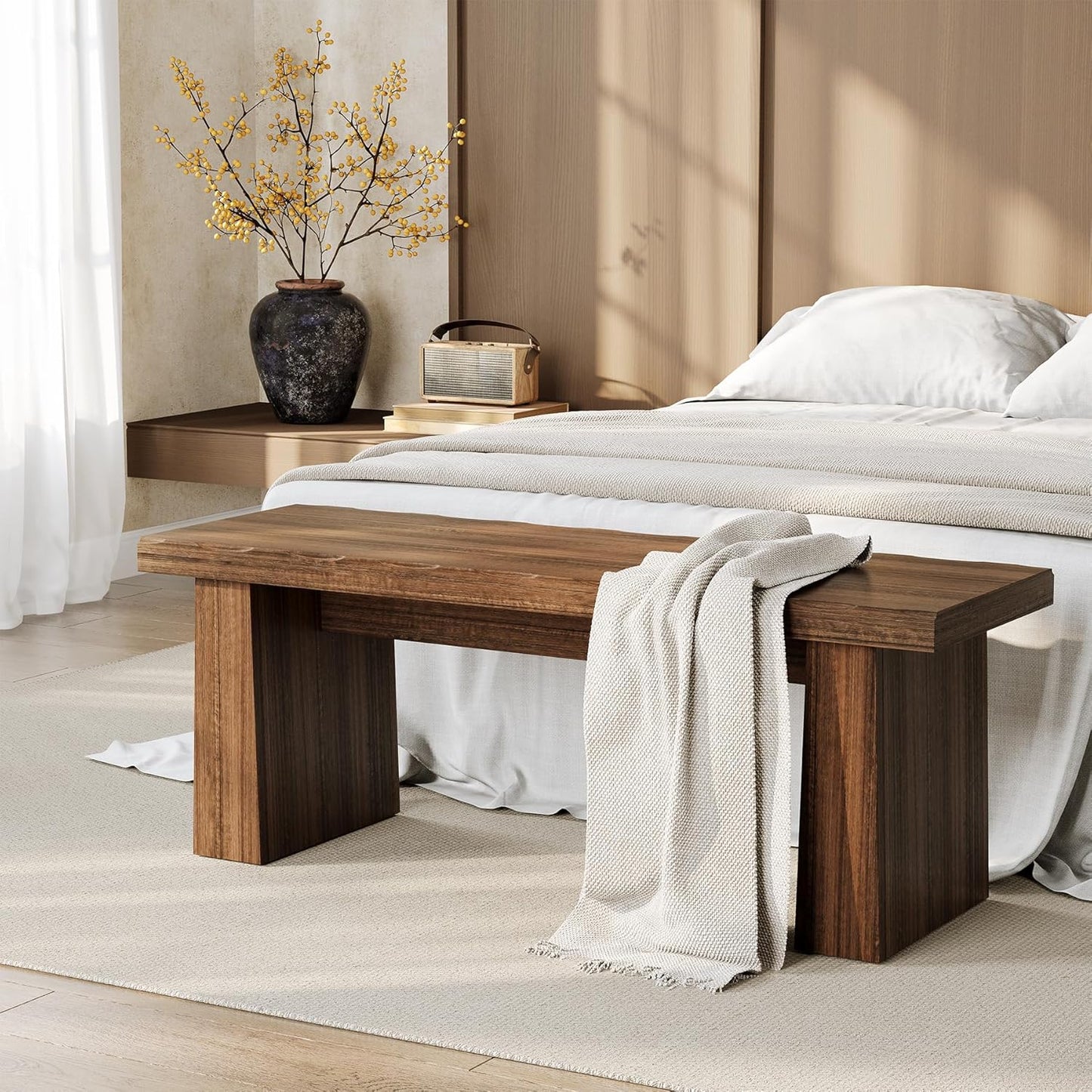 LITTLE TREE 47-Inch Wooden Entryway Bench, Farmhouse Dining Bench with Sturdy Frame for Dining Room, Bedroom, Living Room Hallway Kitchen, Easy Assembly (Mahogany)