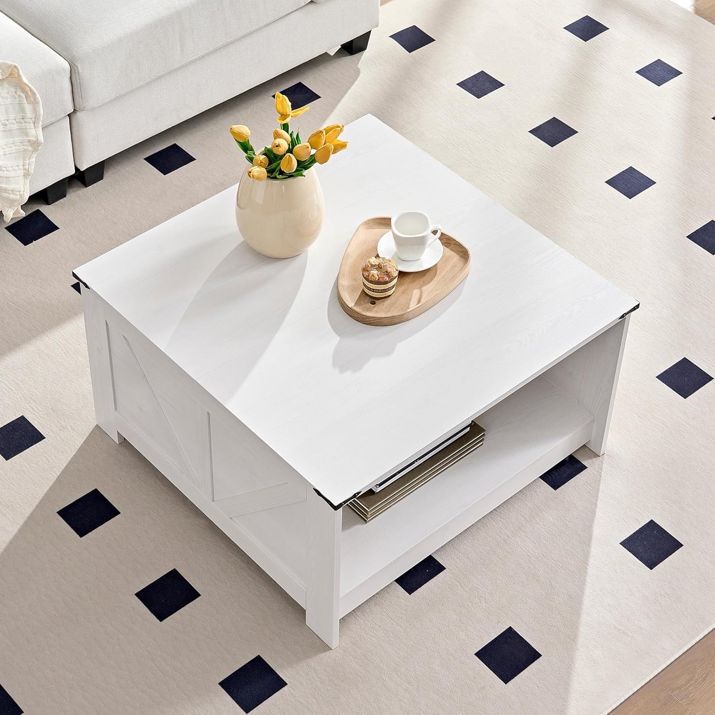 Farmhouse Coffee Table for Living Room, Wood Square Coffee Tables, 31.5" W x 31.5" D, White