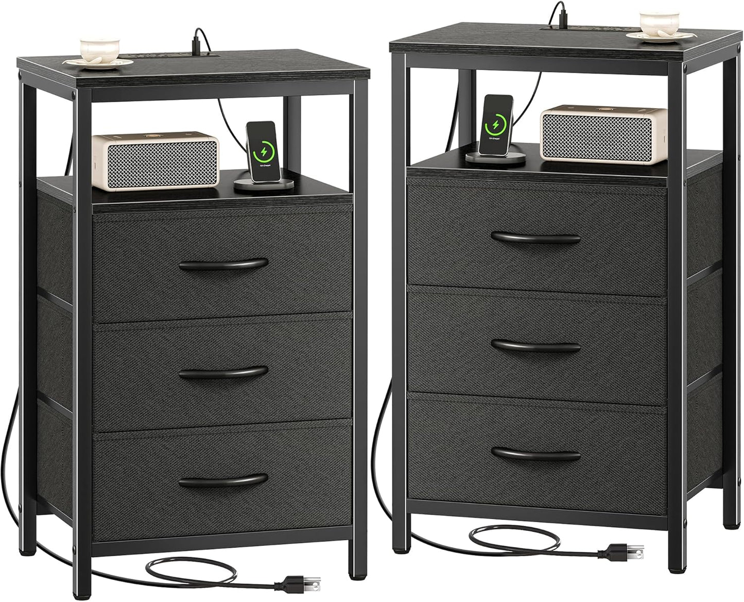 Huuger Nightstands Set of 2, 27.6 Inch End Tables with Charging Station, Bed Side Tables with Fabric Drawers, USB-C Port and Outlet, Night Stands for Bedroom, Black