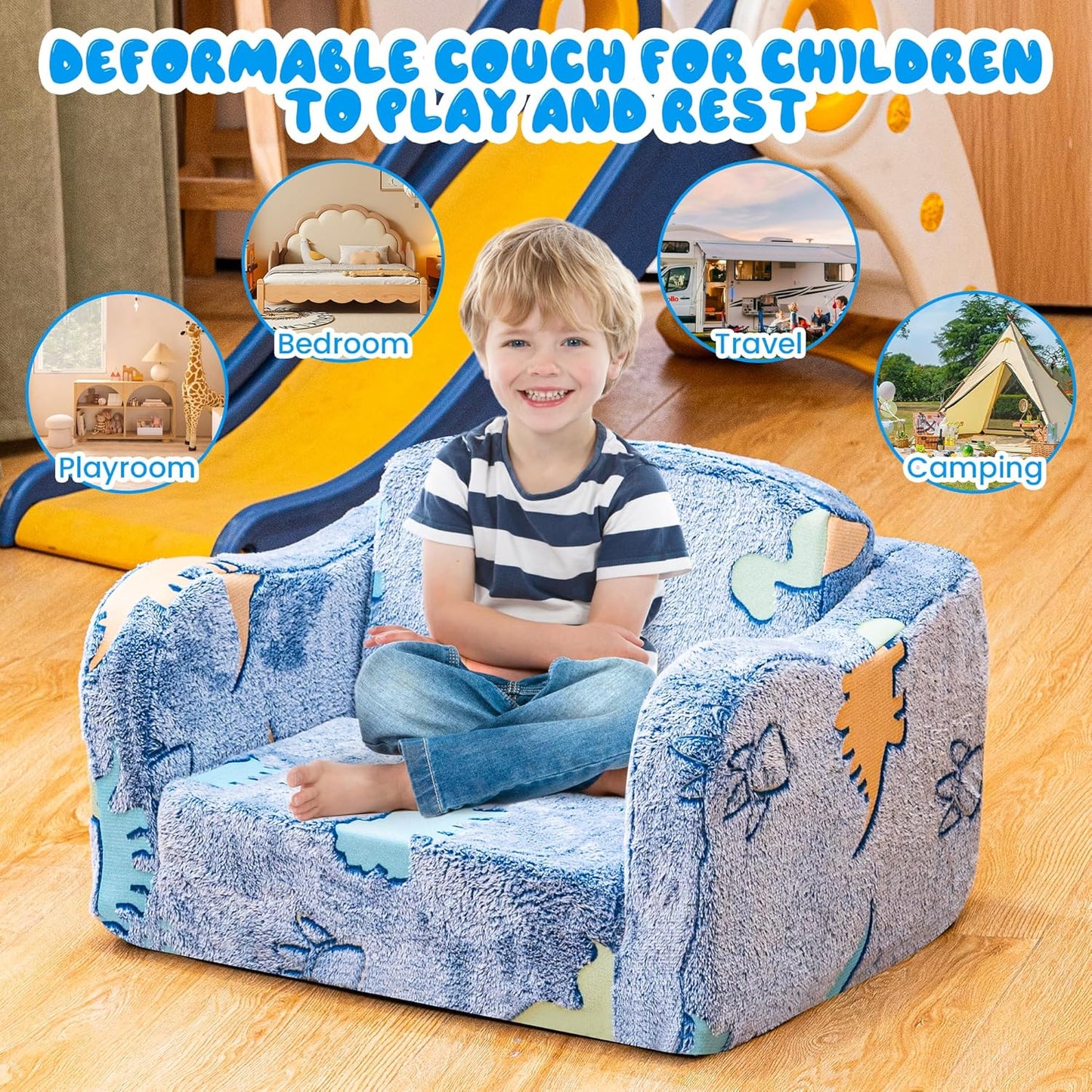 Lamerge 2-in-1 Toddler Couch,Glow in The Dark Baby Floor Bed,Foldable Toddler Chair Kids Sofa for playroom,Convertible Sofa to Lounger for Girls and Boys (Blue and Dinosaur)