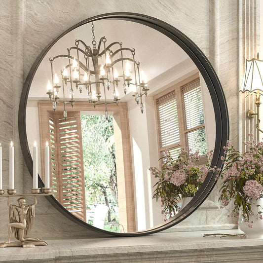 Keonjinn Black Round Mirror 24 Inch, Brushed Black Framed Circle Mirror for Bathroom, Aluminum Alloy Metal Frame, Modern Farmhouse Decorative Wall Mirror for Entryway, Living Room