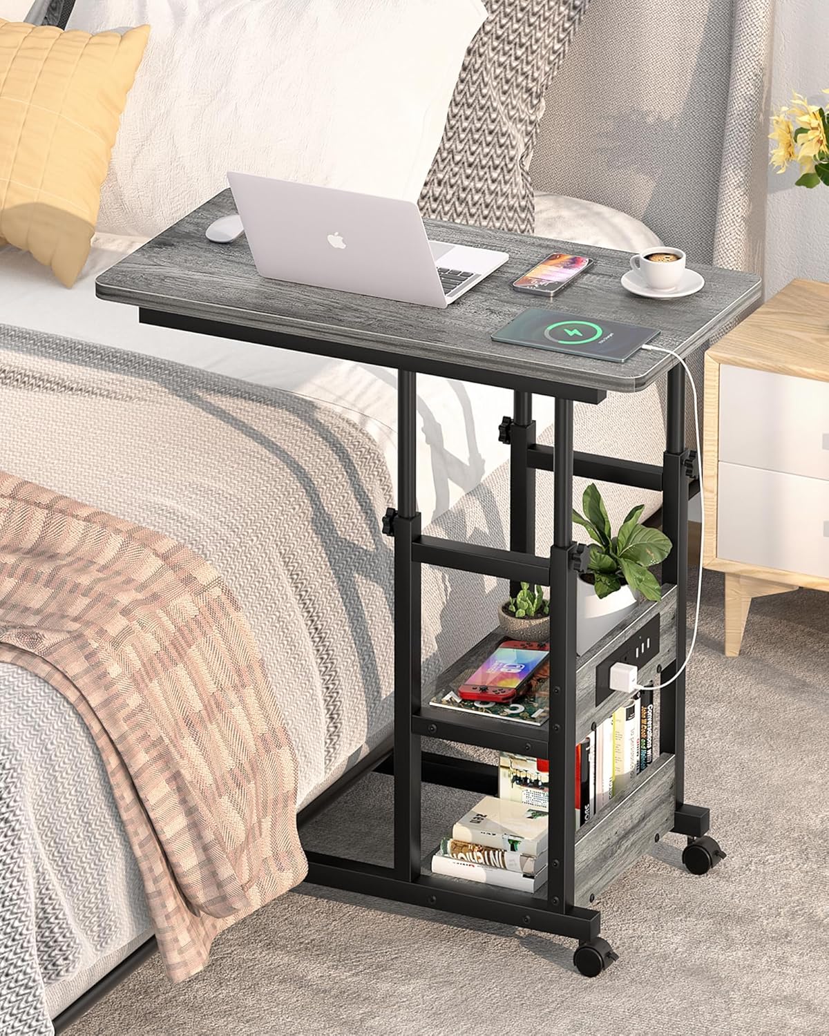 C Shaped End Table Height Adjustable - Couch Side Table with Charging Station, TV Tray with Wheels Slide Under Sofa for Wall Shelf with Hooks for Bedroom, Bathroom, Living Room, Grey