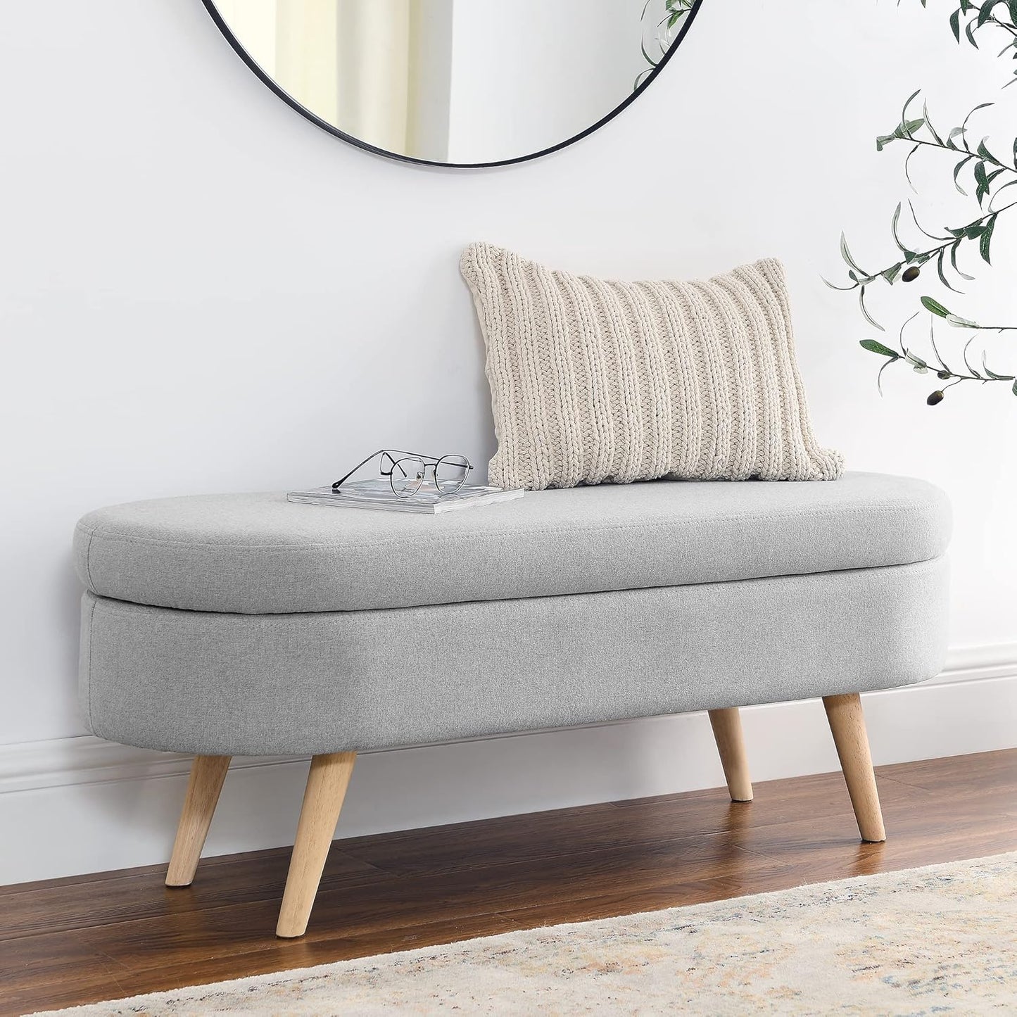 Ottoman Oval Storage Bench with Rubber Wood Legs,Linen Fabric Storage Footstool,for Bedroom, Entryway, Living Room, Grey(43.5"x16"x16")