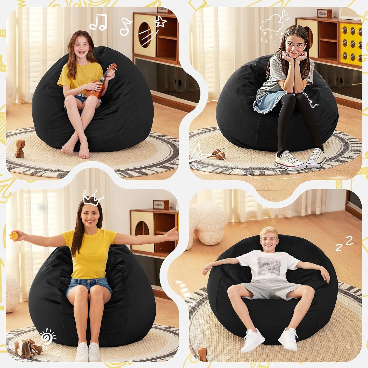 HABUTWAY 2FT Bean Bag Chair, 2' Beanbags Small Bean Bag Chairs with Filling, Teardrop Bean Bag Chair Luxurious Velvet Ultra Soft Fur with Removable Cover (Black)