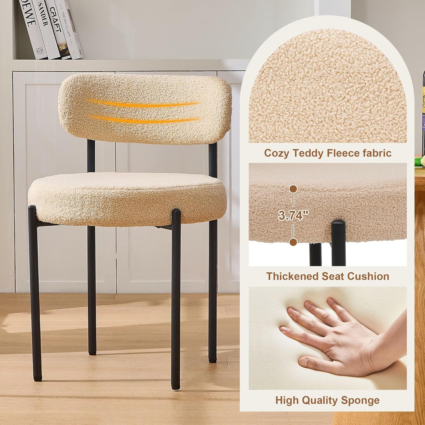 Dining Chairs Set of 4, Beige Boucle Dining Chair, Curved Backrest Upholstered Dining Room Chairs with Black Metal Legs, Mid Century Modern Dining Chairs for Kitchen, Living Room, Beige