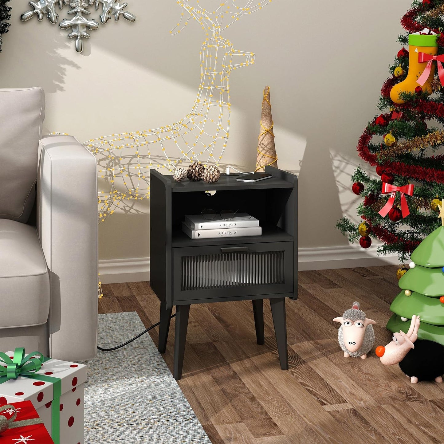 Nightstand with Charging Station, Bedside Tables, End Table Side Table with 2 Tiers Storage Space, for Bedroom, Living Room, Black CAMLBZ07BE