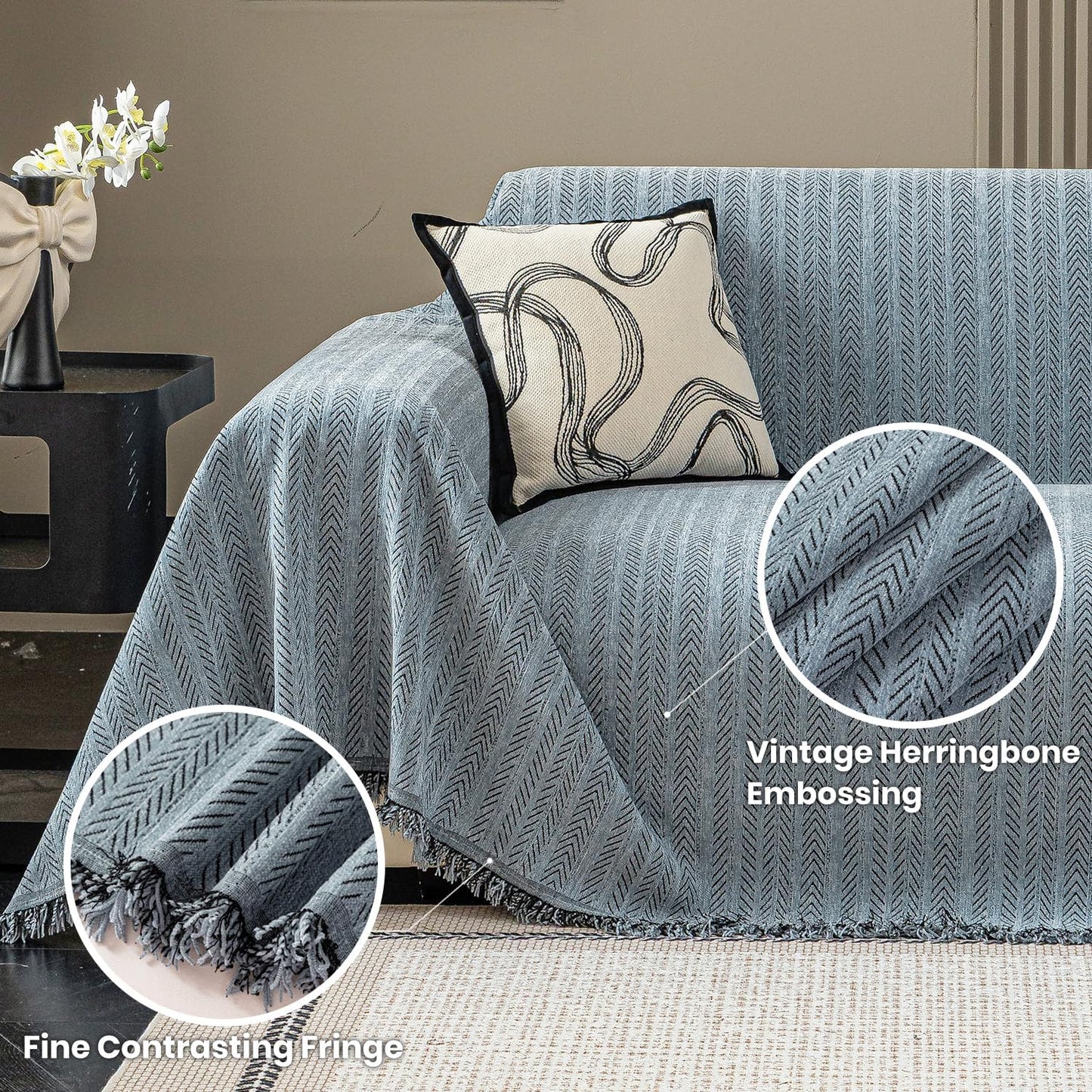 Nobildonna Sofa Cover Washable Soft Thicken Chenille Couch Cover with Tassel,Waterproof Sofa Slipcover for 2-3 Cushion Couch,Sectional Sofa,L-Shaped Furniture Protector Pet-Friendly,Dusty Blue71 x118