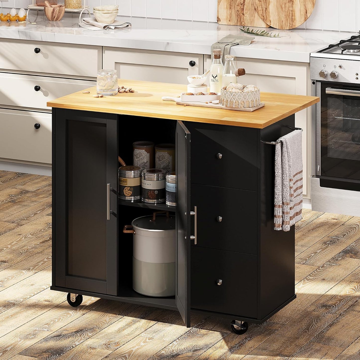 Shintenchi Rolling Kitchen Island Cart with Folding Drop Leaf Breakfast Bar, Portable Trolley Island with Large Storage Cabinet, Shelf and Drawer, Black