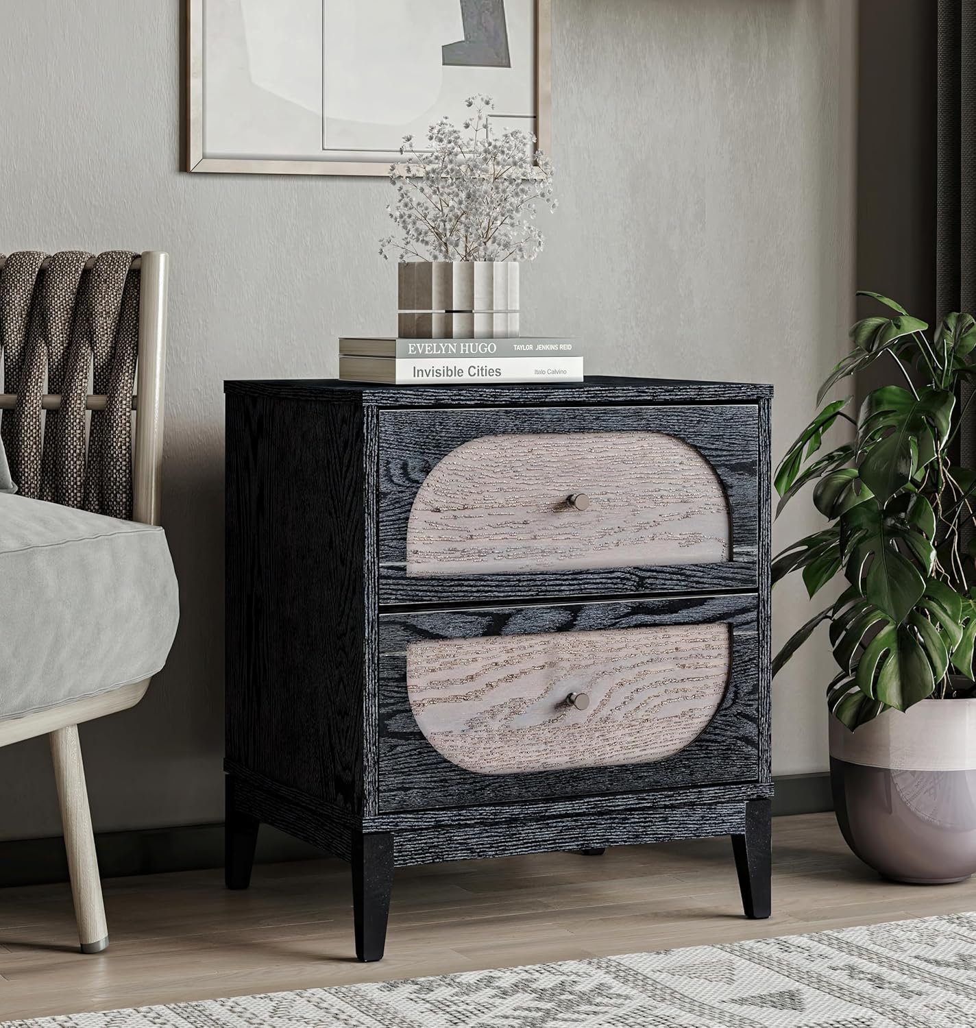 Sango Arch 2-Drawer Nightstand, Modern Black Wood Bedside Table with Two-Tone Finish, Storage Drawers, Sturdy Legs, Minimalist Stylish Furniture for Contemporary Homes