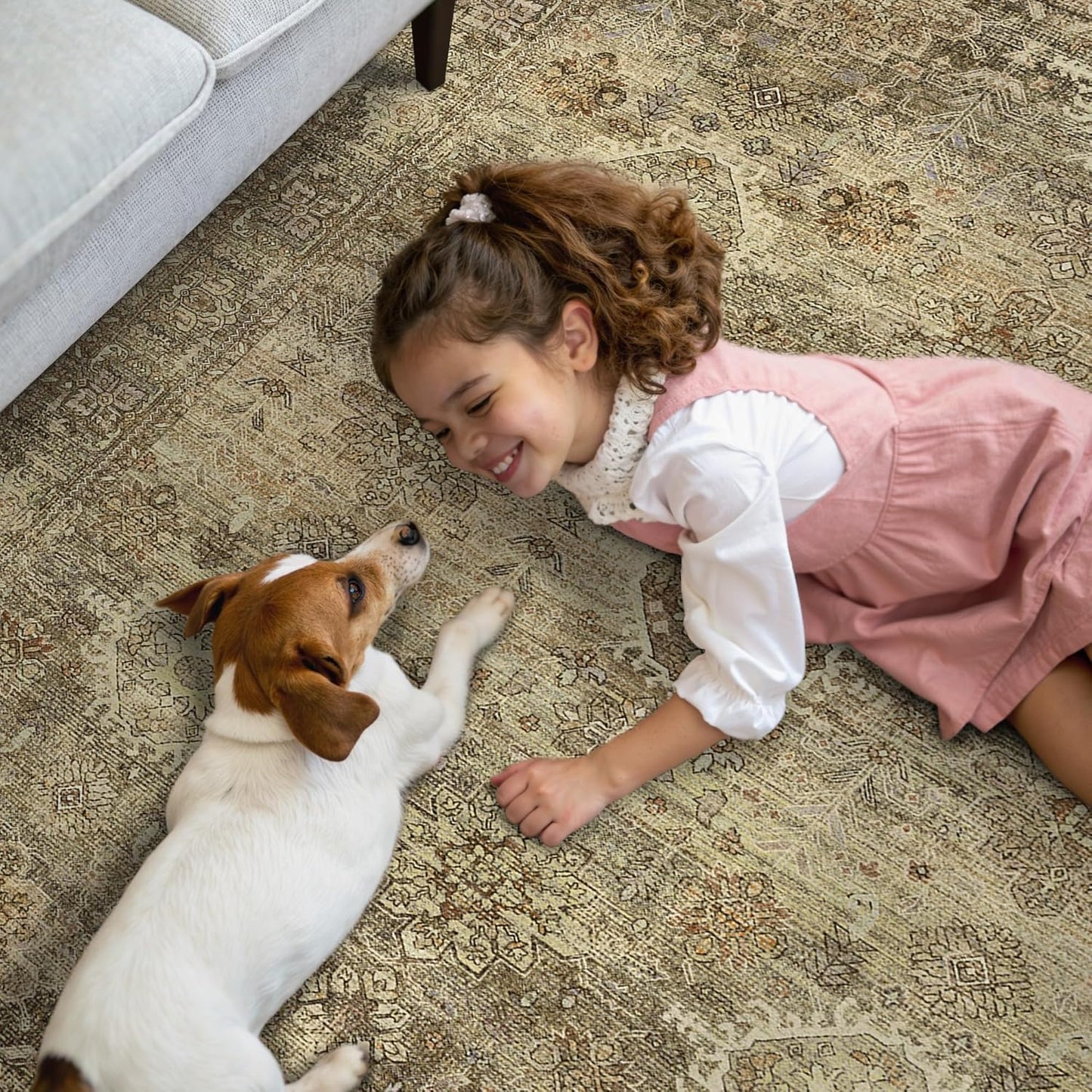 GENIMO 8X10 Area Rugs for Living Room, Machine Washable Non Slip Vintage Floral Patchwork Rug, Thin Low Pile Chenille Carpet Rugs for Bedroom, Dining Room, Straw