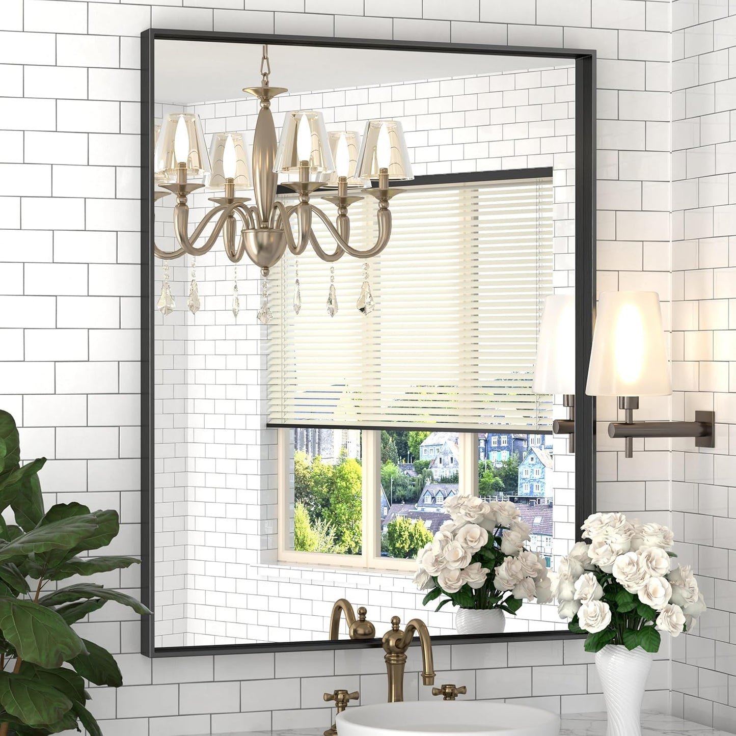 Brushed Metal Thick Frame Bathroom Mirror 18 x 30 Inch Metal Frame Black Mirror Rectangular Wall Mirror Matte Black Vanity Mirror Square Corner, Modern Rectangle Mirror(Horizontal/Vertical)