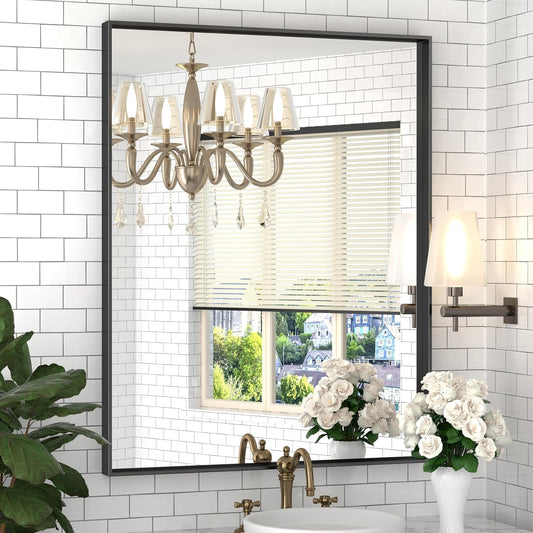 Brushed Metal Thick Frame Bathroom Mirror 18 x 30 Inch Metal Frame Black Mirror Rectangular Wall Mirror Matte Black Vanity Mirror Square Corner, Modern Rectangle Mirror(Horizontal/Vertical)