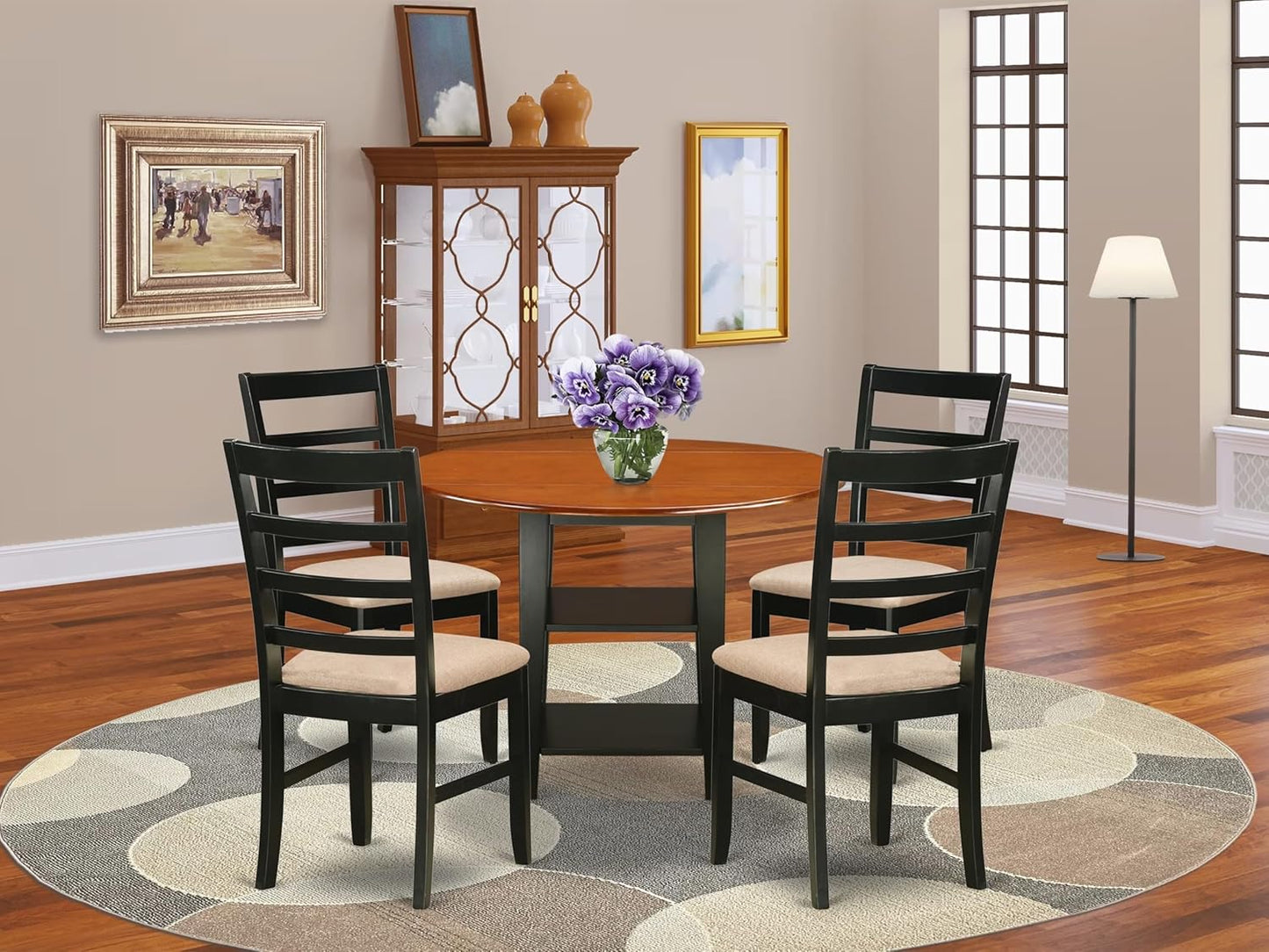 East West Furniture SUPF5-BCH-C 5 Piece Kitchen Table & Chairs Set Includes a Round Dining Table with Dropleaf & Shelves and 4 Linen Fabric Dining Room Chairs, 42x42 Inch, Black & Cherry