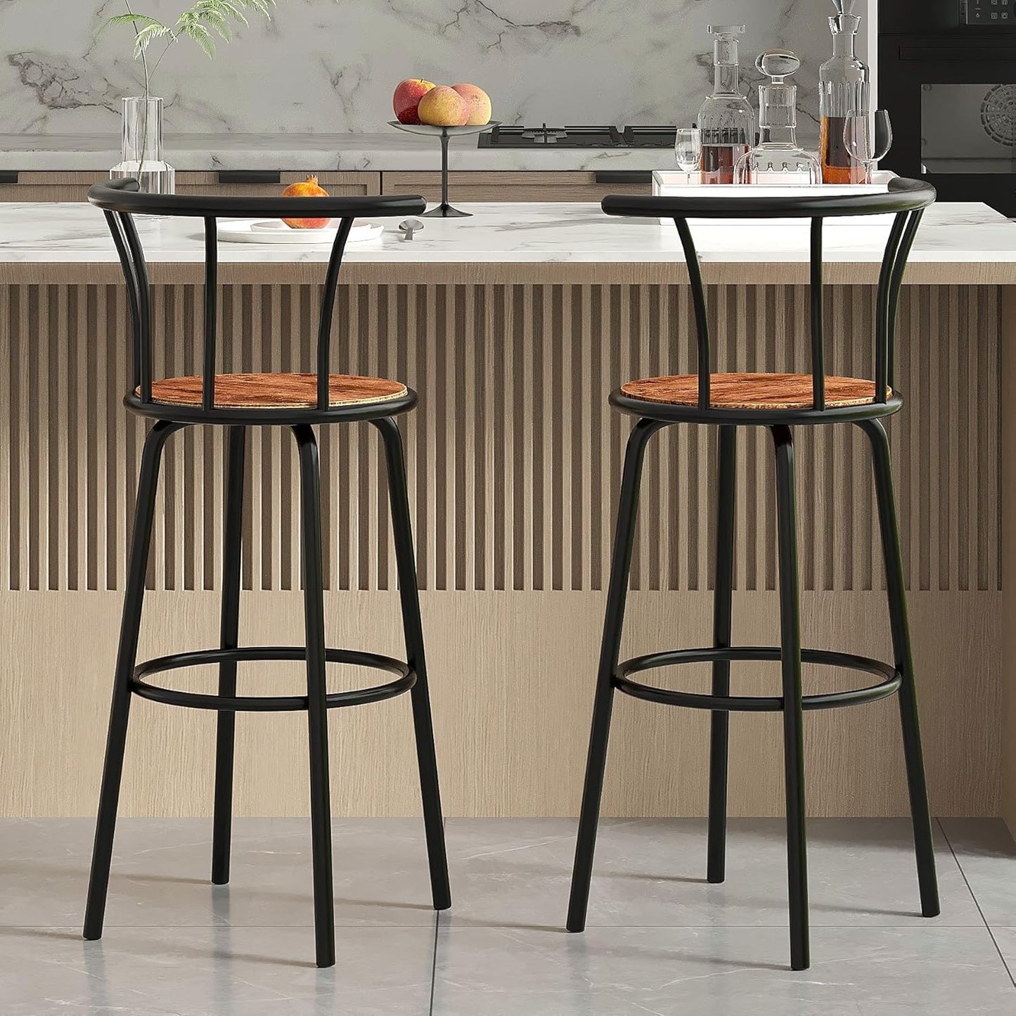 VECELO Bar Stools Set of 4, Swivel Counter Barstools with Backrest, Bar Height Chairs for Dining Room, Kitchen Island, Pub, Easy Assembly, Brown
