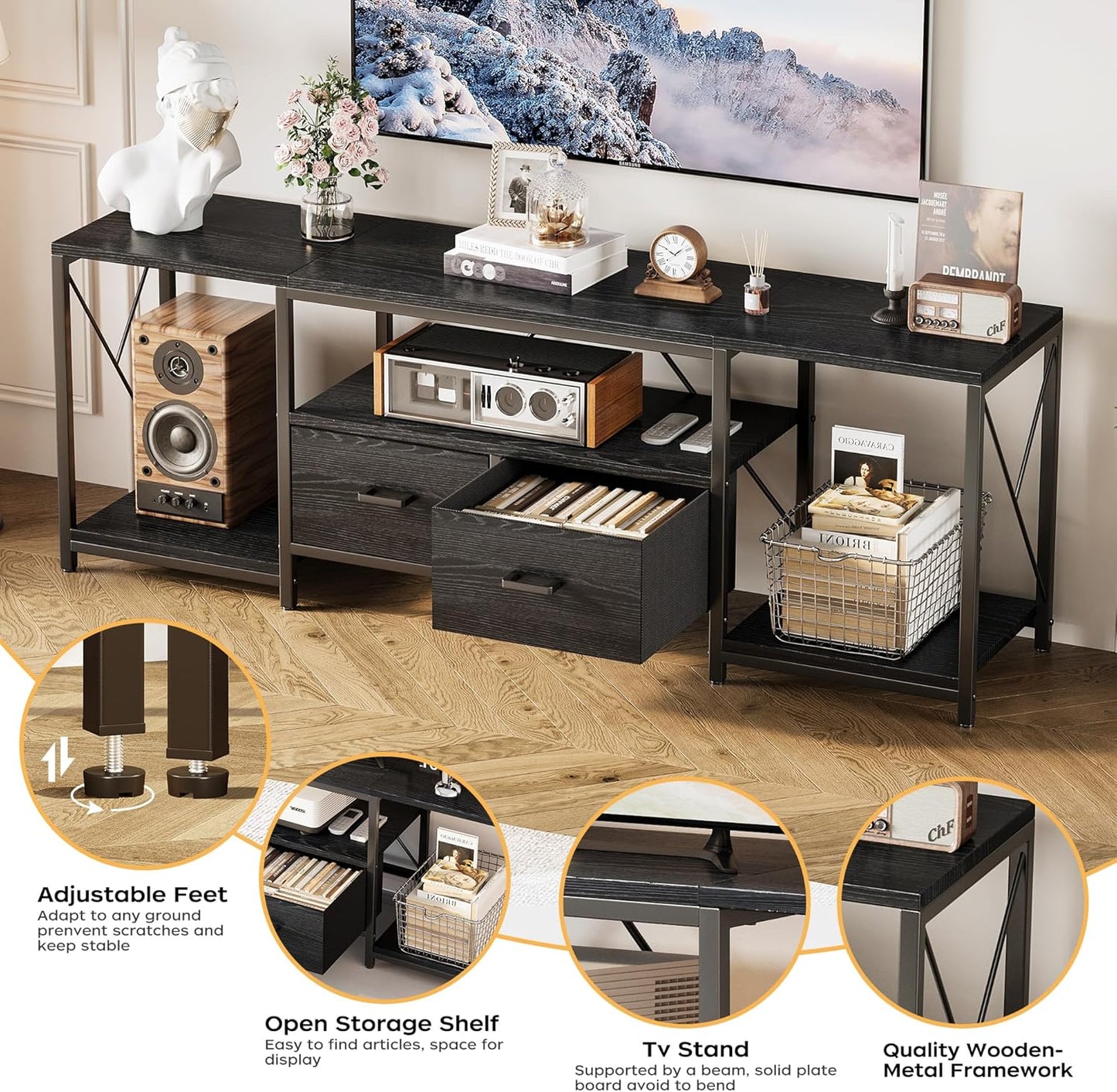 Homeiju TV Stand for TVs up to 75 Inch, Entertainment Center with Fabric Drawers, TV Media Console Table with Open Storage Shelves for Living Room, Bedroom, Black