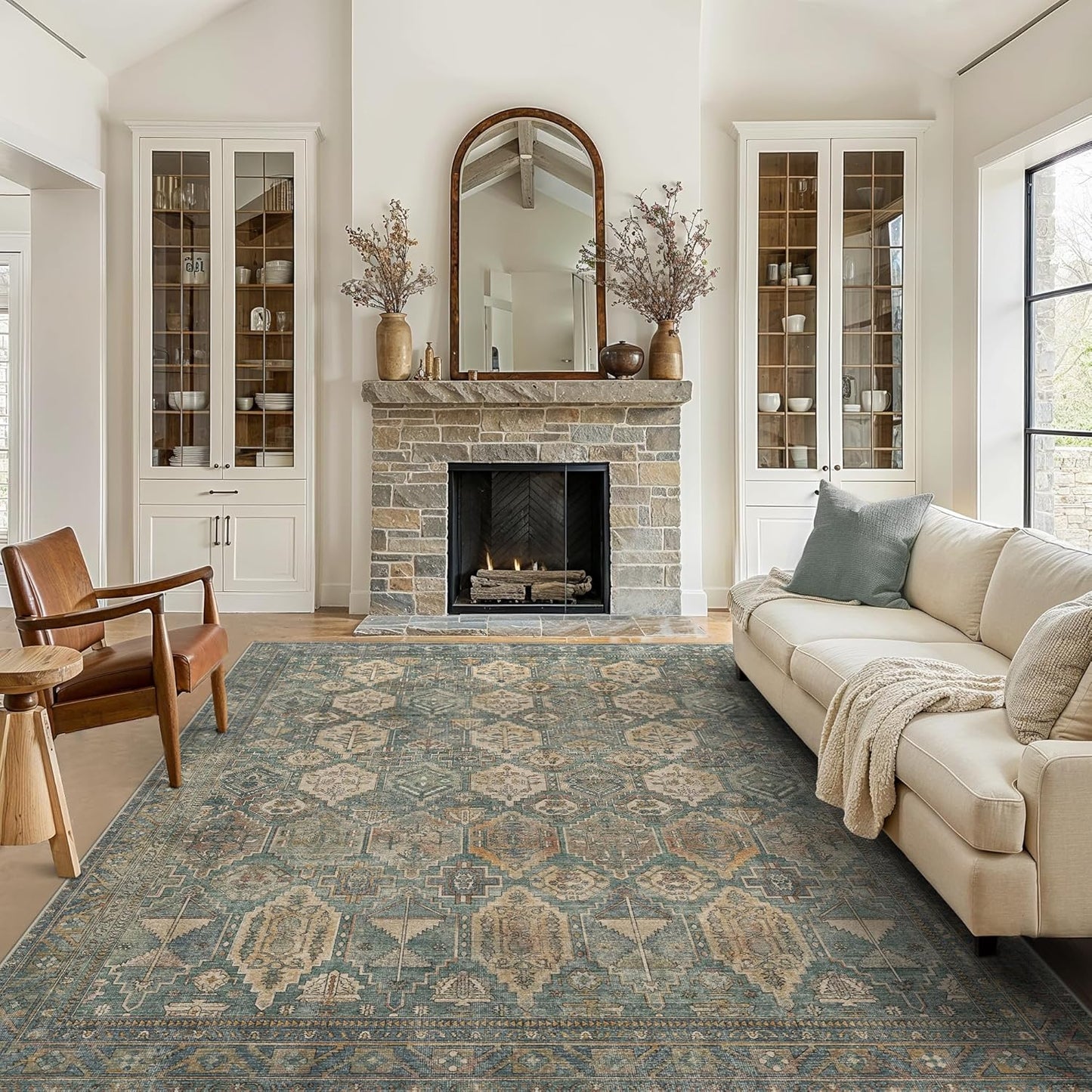 GENIMO 5x7 Area Rugs for Living Room, Machine Washable Non Slip Vintage Rugs, Low Pile Lightweight Chenille Print Rug for Bedroom, Dining Room, Home Office, Sage Teal